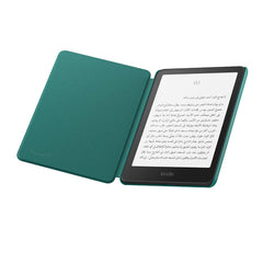 Green waterproof Kindle cover fabric case open showing Kindle e-reader screen with text