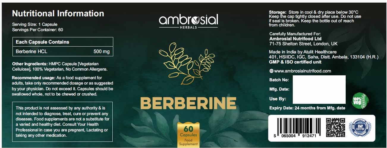 AMBROSIAL Berberine retail label showing 60 vegetarian capsules and supplement facts berberine hcl 500mg supplement