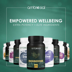 AMBROSIAL berberine hcl 500mg supplement black bottle centered with other Ambrosial supplement bottles behind on green background