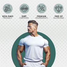 Berberine supplement badge icons with a person standing, showing non-GMO and GMP.