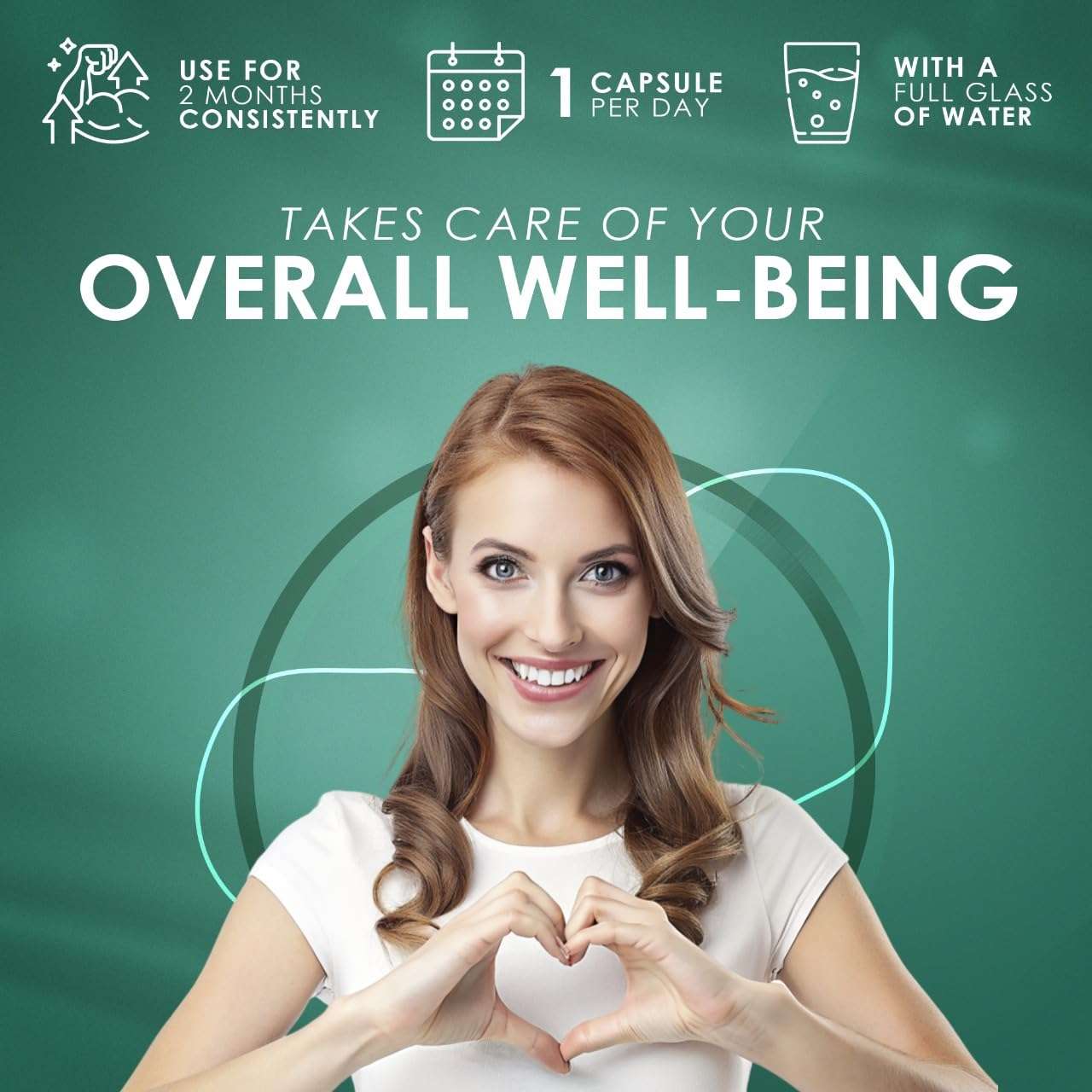 Smiling woman making a heart gesture on green background promoting berberine hcl 500mg supplement for overall well being