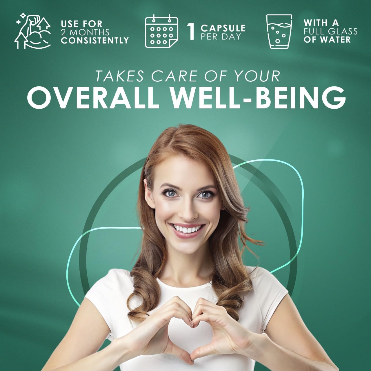 Smiling woman making a heart gesture on green background promoting berberine hcl 500mg supplement for overall well being