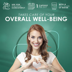 Smiling woman making a heart gesture on green background promoting berberine hcl 500mg supplement for overall well being