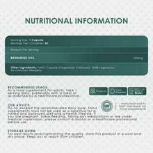 Berberine supplement nutritional information panel with servings, usage, and storage notes.