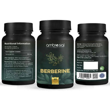 Three berberine supplement bottles with black caps, showing front and back labels.