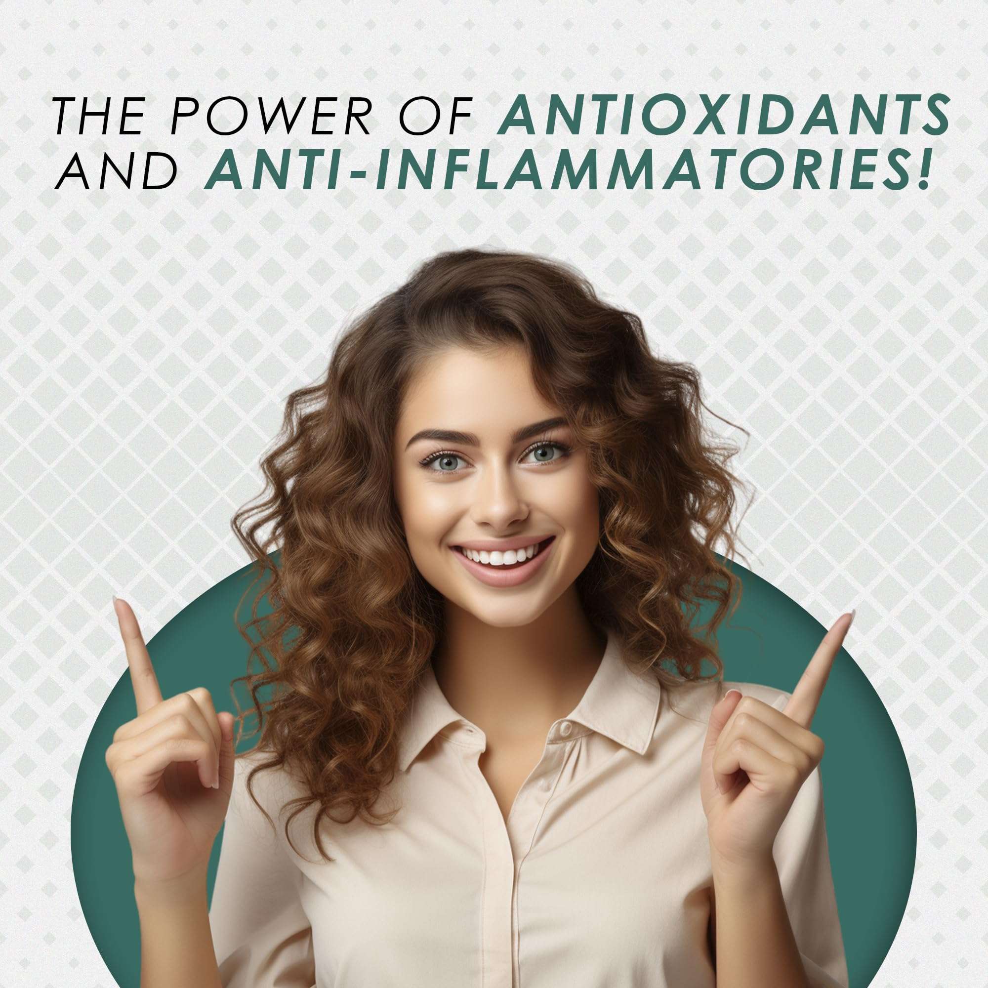 Smiling woman pointing upward promoting AMBROSIAL curcumin supplement with piperine and ginger antioxidants and anti inflammatories