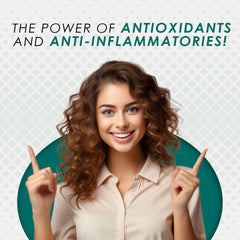 Smiling woman pointing upward promoting AMBROSIAL curcumin supplement with piperine and ginger antioxidants and anti inflammatories