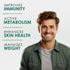 AMBROSIAL curcumin supplement with piperine and ginger showing smiling man text improves immunity metabolism skin health weight