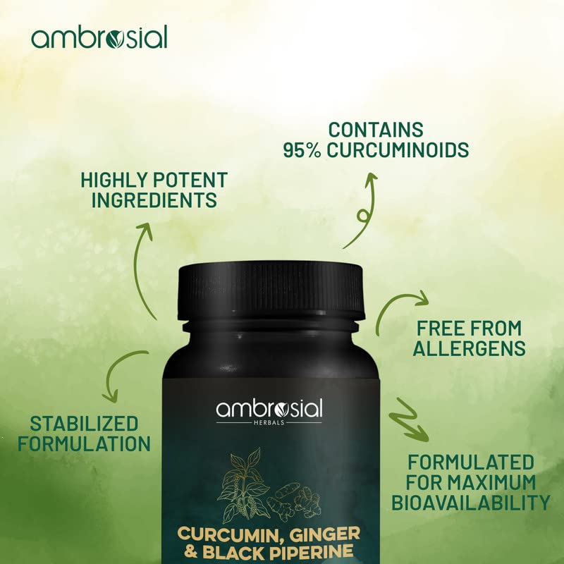 AMBROSIAL dark bottle of curcumin supplement with piperine and ginger label showing 95 percent curcuminoids and bioavailability