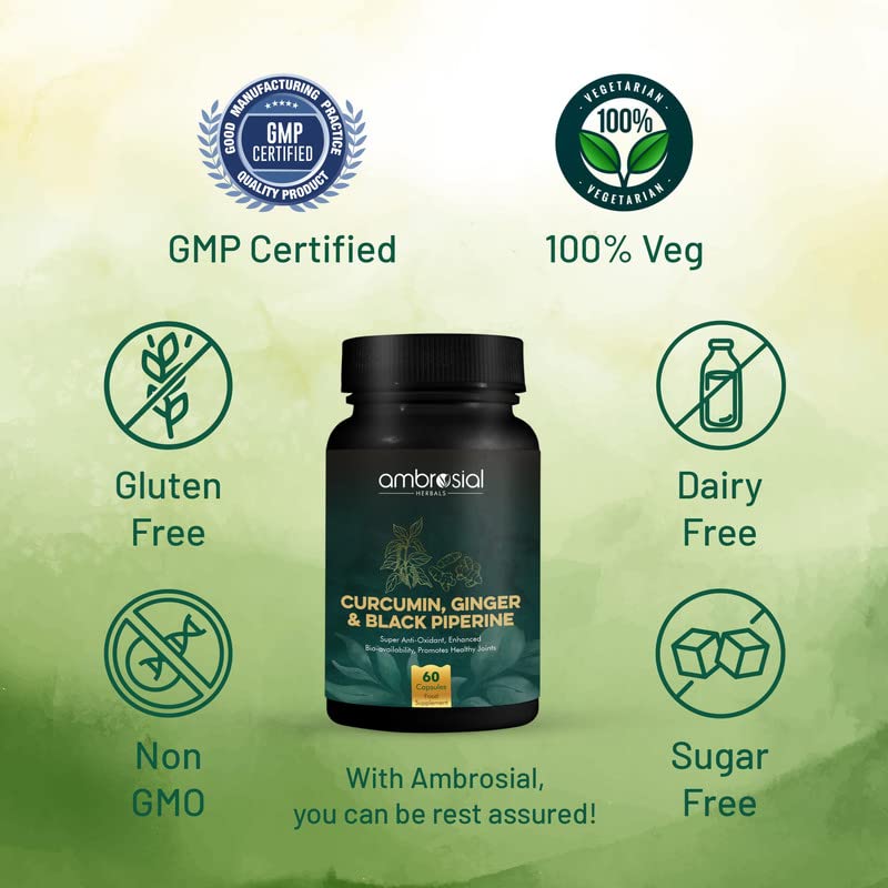 AMBROSIAL bottle of curcumin supplement with piperine and ginger showing GMP 100 percent veg gluten free icons