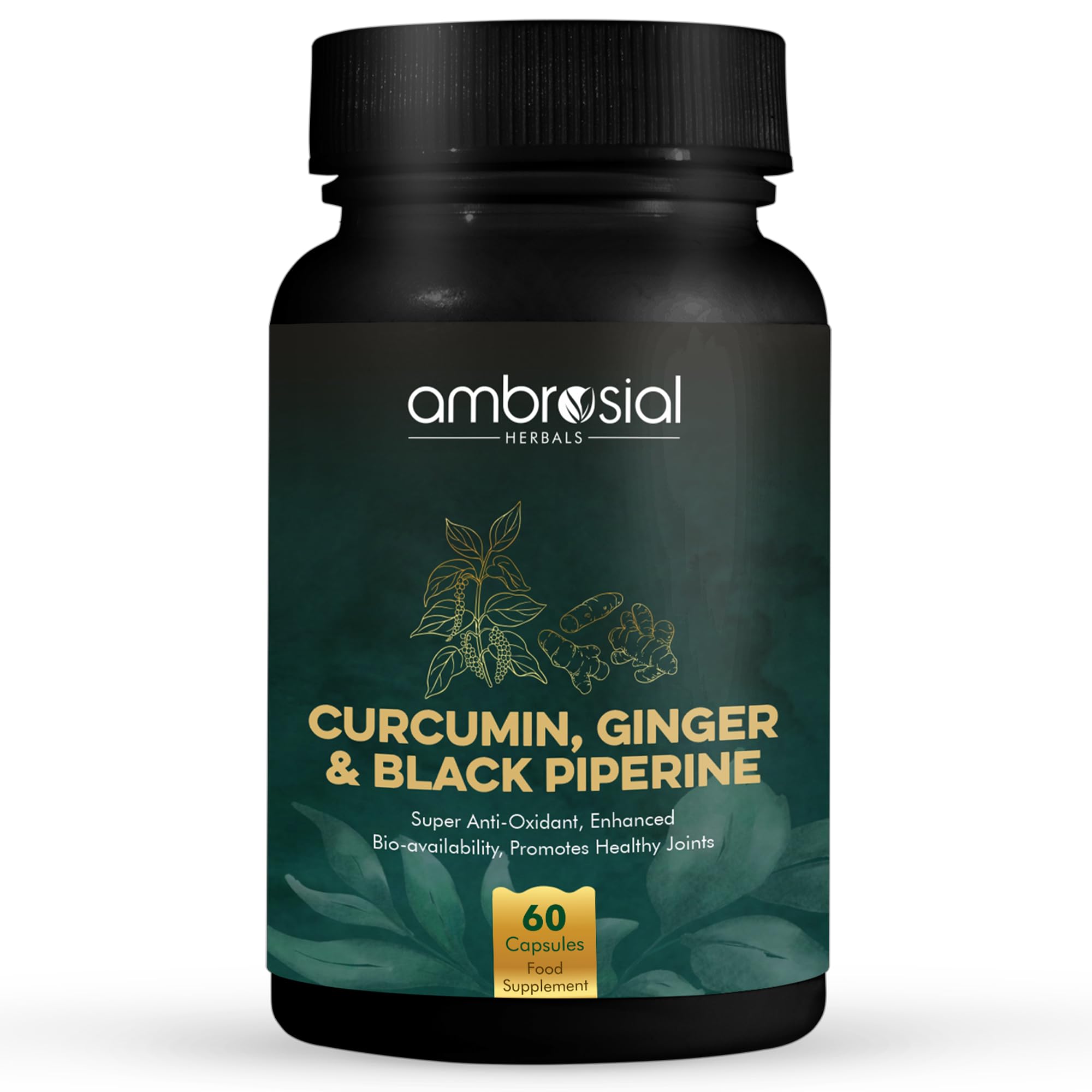 Ambrosial bottle of curcumin supplement with piperine and ginger. Green label shows 60 capsules