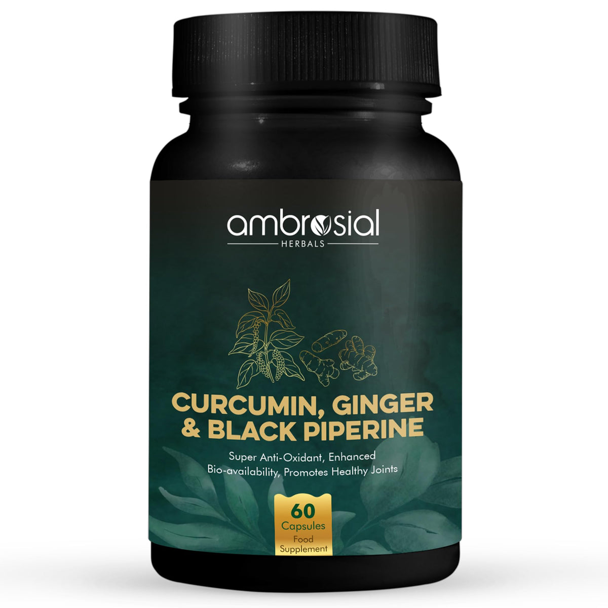 Ambrosial bottle of curcumin supplement with piperine and ginger. Green label shows 60 capsules