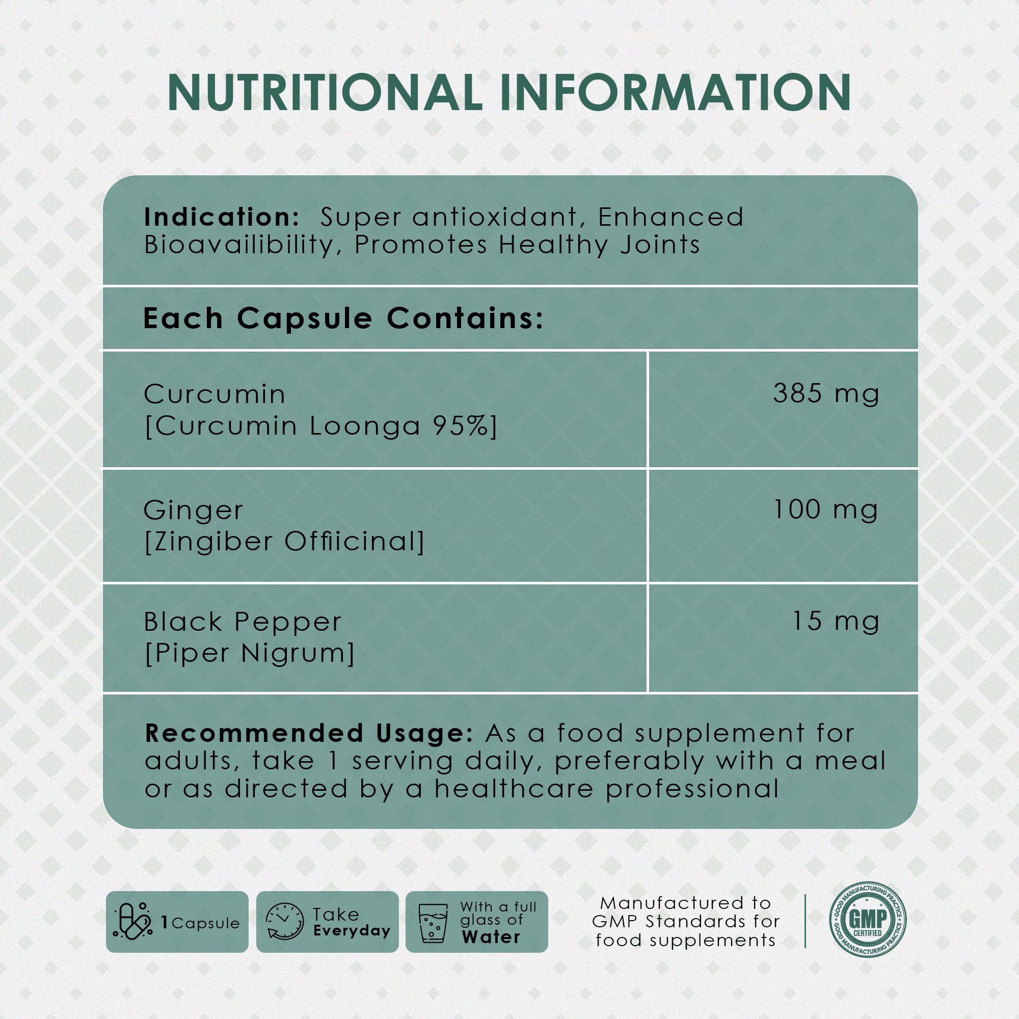 AMBROSIAL nutritional label showing curcumin supplement with piperine and ginger 385 mg curcumin 100 mg ginger 15 mg black pepper