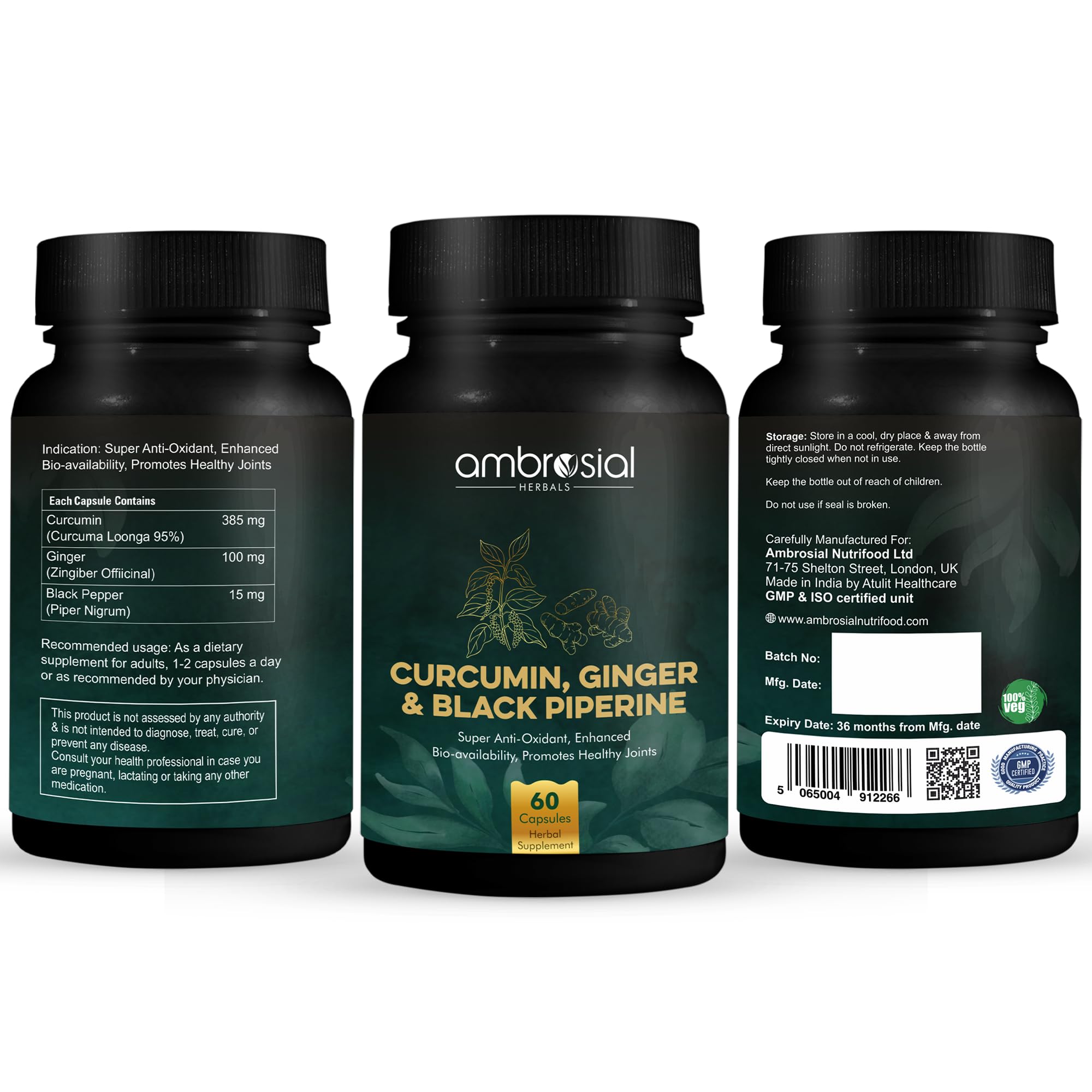 AMBROSIAL curcumin supplement with piperine and ginger 60 capsule black bottle showing front and side labels