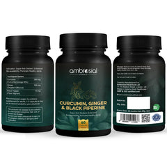 AMBROSIAL curcumin supplement with piperine and ginger 60 capsule black bottle showing front and side labels