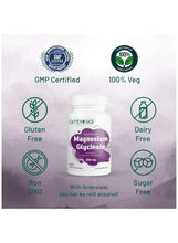Magnesium Glycinate 350 mg veggie capsule bottle with certification and diet badges