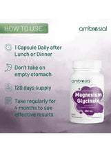 Magnesium Glycinate 350 mg bottle with “How to use” and daily guidance text