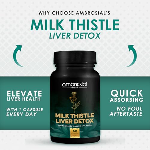 AMBROSIAL milk thistle liver detox capsules bottle with 60 count label showing liver health benefits