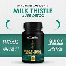 Milk thistle liver detox supplement bottle, black bottle with green front label