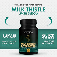 AMBROSIAL milk thistle liver detox capsules bottle with 60 count label showing liver health benefits
