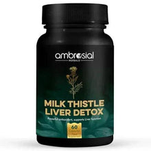 Milk thistle liver detox supplement bottle, black with green label and 60 capsules mark