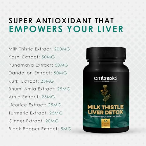AMBROSIAL milk thistle liver detox capsules 60 count bottle with antioxidant herb extracts supporting liver function