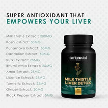 Milk thistle liver detox bottle with ingredient list and mg amounts on label