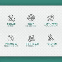 Certification icons card for liver detox capsules: sugar free, GMP, gluten free, non-GMO