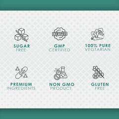 Icons for sugar free GMP certified 100 percent vegetarian ingredients non GMO gluten free milk thistle liver detox capsules