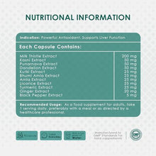 Nutritional information card for liver detox capsules with ingredient amounts listed