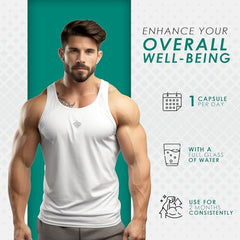 AMBROSIAL supplement ad with fit man and icons showing 1 capsule per day and water for milk thistle liver detox capsules