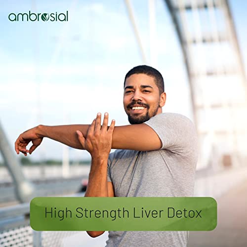 Ambrosial product image of smiling man stretching outdoors promoting milk thistle liver detox capsules for daily liver support