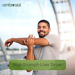 Ambrosial product image of smiling man stretching outdoors promoting milk thistle liver detox capsules for daily liver support