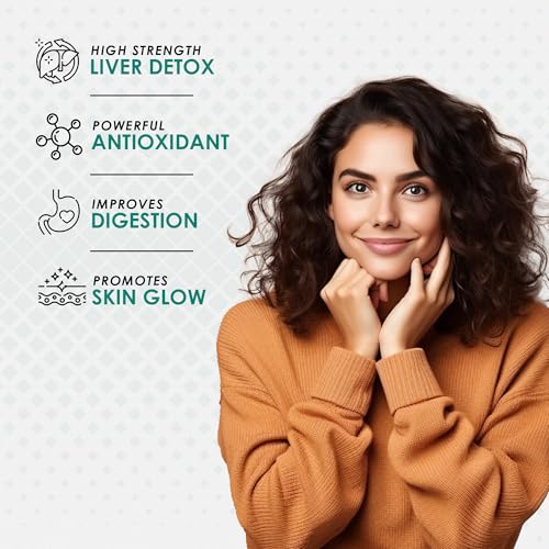 Smiling woman in brown sweater next to product benefits icons for milk thistle liver detox capsules
