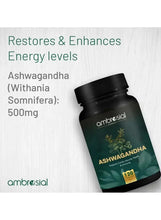 Ashwagandha supplement bottle with black cap, 500mg label, ambrosial
