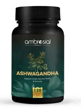 Ashwagandha supplement bottle with black cap, ambrosial label, 120 capsules