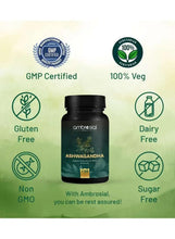 Ashwagandha supplement bottle with GMP, 100% veg, gluten-free and dairy-free badges