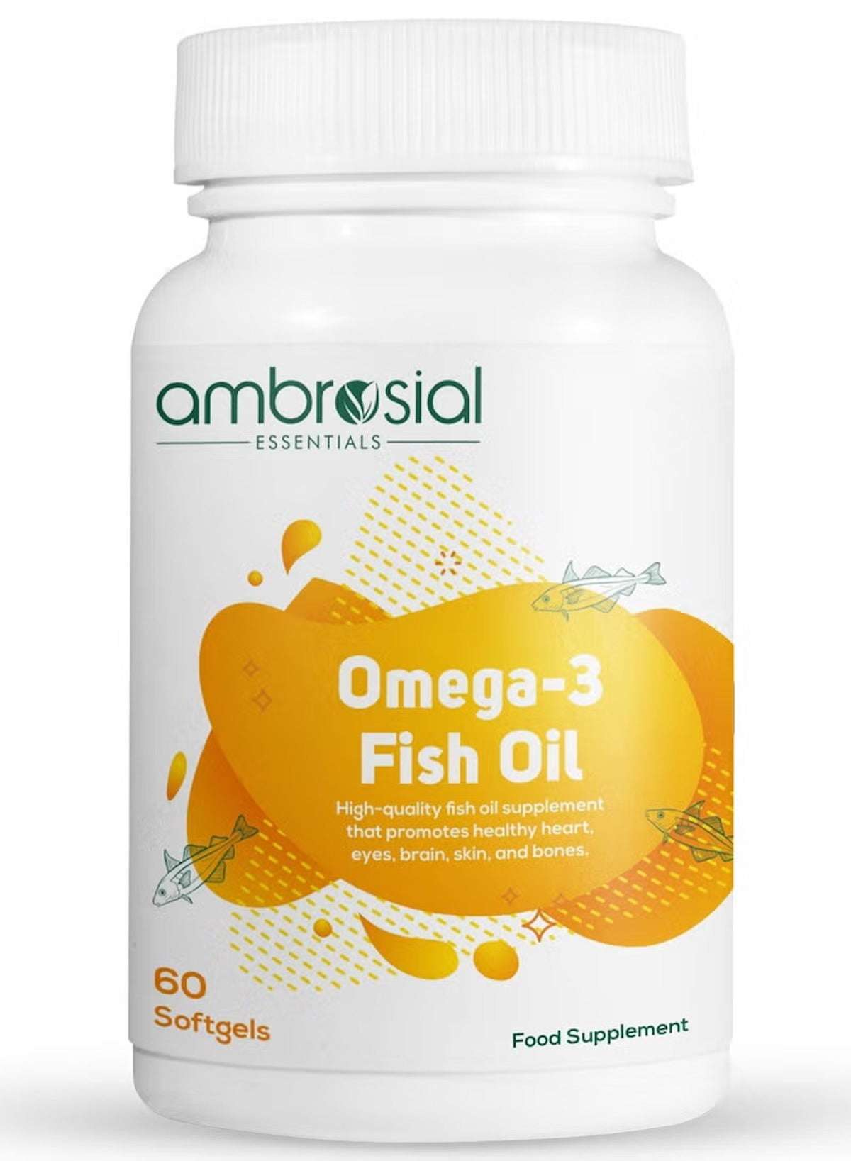 Ambrosial Omega 3 Fish Oil Supplement 1000mg in a 60 softgel bottle for heart and brain health