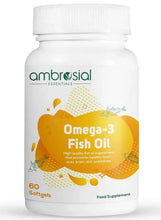 Ambrosial Omega-3 fish oil supplement bottle, 60 softgels, white cap.