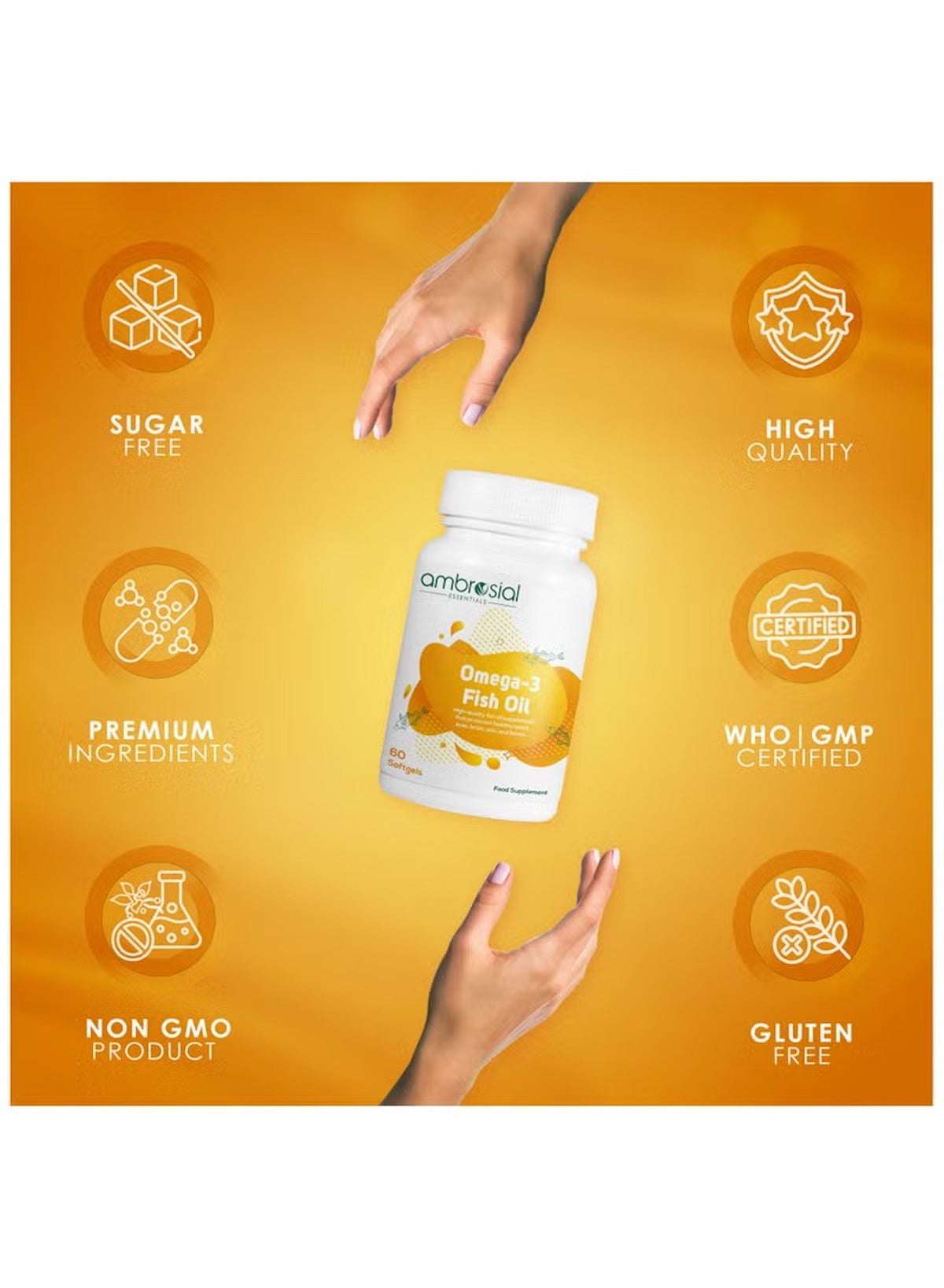 Ambrosial Omega 3 Fish Oil Supplement 1000mg with premium ingredients and high quality, sugar and gluten free