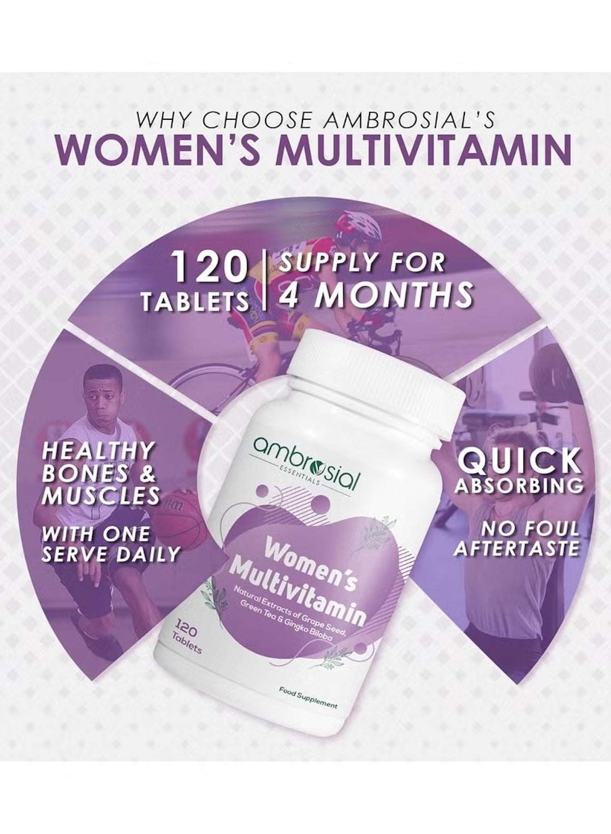 Ambrosial Women's Multivitamin with natural extracts for healthy bones and quick absorption, 120 tablets