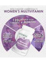 Ambrosial Essentials women's multivitamin bottle and tablets pack, 120 tablets, 4 months