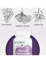 Ambrosial Essentials women's multivitamin bottle with grapeseed, ginkgo biloba, green tea icons