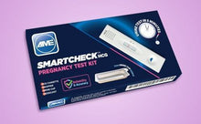 AME SmartCheck HCG pregnancy test kit box showing cassette and free urine cup