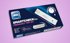 AME SmartCheck pregnancy test kit UAE box showing AME SmartCheck HCG cassette and urine cup for five minute urine test