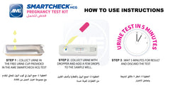 AME SmartCheck pregnancy test kit UAE showing HCG cassette with urine cup dropper and three step five minute test instructions