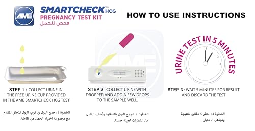AME SmartCheck pregnancy test kit UAE instructional image showing urine collection dropper cassette and 5 minute result