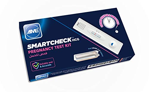 AME SmartCheck pregnancy test kit UAE box showing AME SmartCheck hCG test device cap and packaging