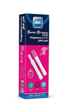 Blue and magenta pregnancy test kit box with SmartStream HCG midstream urine test