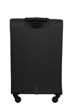 Large softside travel trolley, black, back view with top carry handle and wheel base